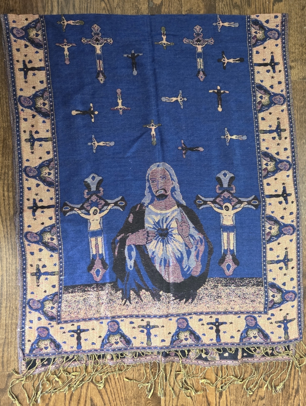 Religous Blue Pashmina & Silk Shawl, Scarf with Gold Trim